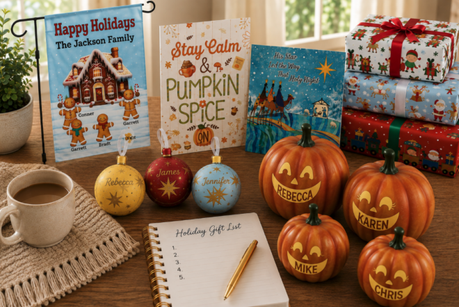 Thanksgiving cards, Christmas cards, Halloween pumpkins, holiday tree ornaments and garden flag at Current Catalog